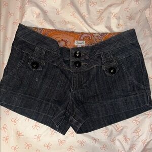 Kismet Dark Low-Rise Denim Shorts with Paisley Inner Waistband